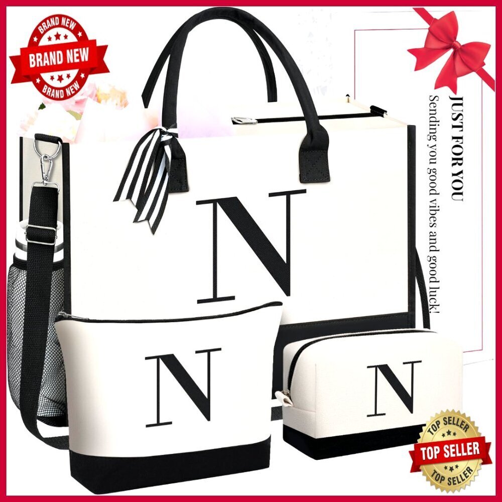 Large Personalized Tote Bag with Monogram, Zipper Closure, Durable Canvas